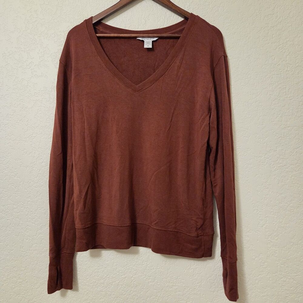 Athleta Sweater Top Women Size M V-Neck Long Sleeve Thumb Hole Chocolate Medium